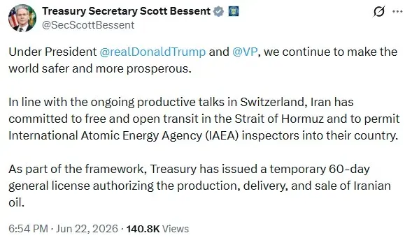 Scott Bessent's post on X