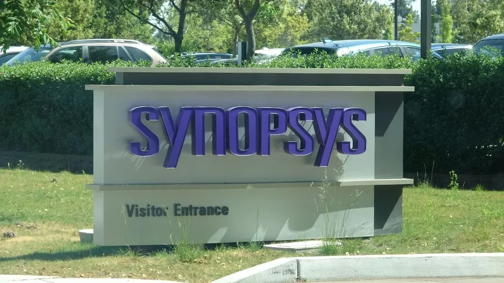 Close-up of sign with logo at Silicon Valley headquarters of technology company Synopsys, Mountain View, California, May 3, 2019.