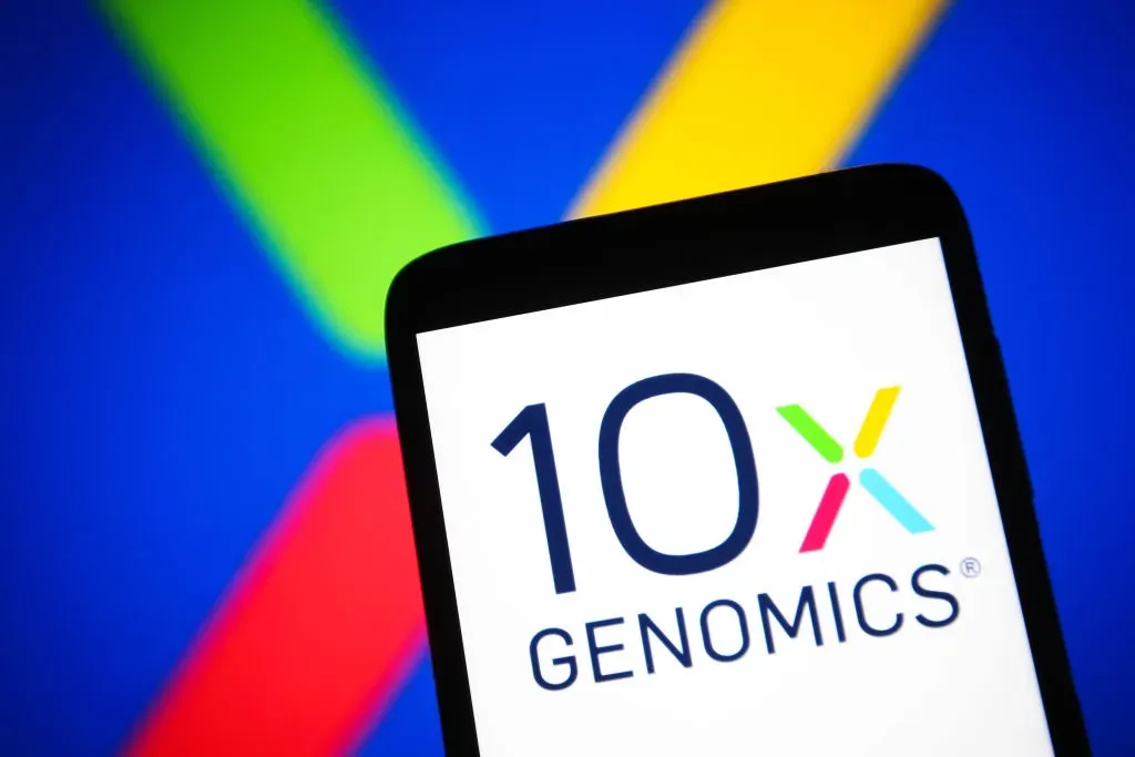 In this photo illustration, 10x Genomics logo of an US biotechnology company is seen on a smartphone screen.