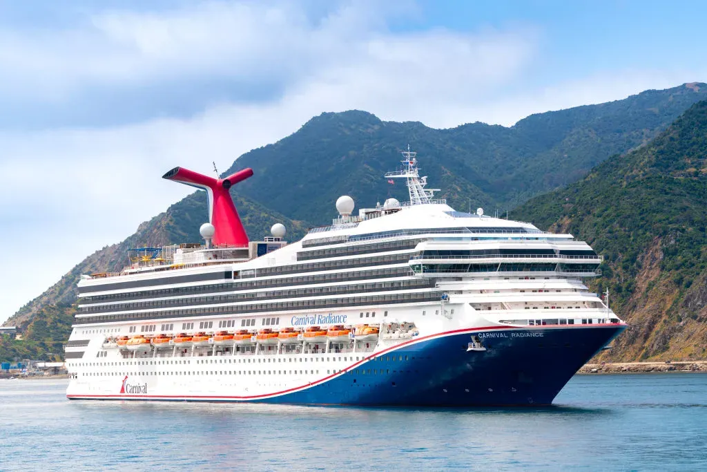 General views of the Carnival Radiance cruise ship at Avalon harbor on May 19, 2023 in Avalon, California.