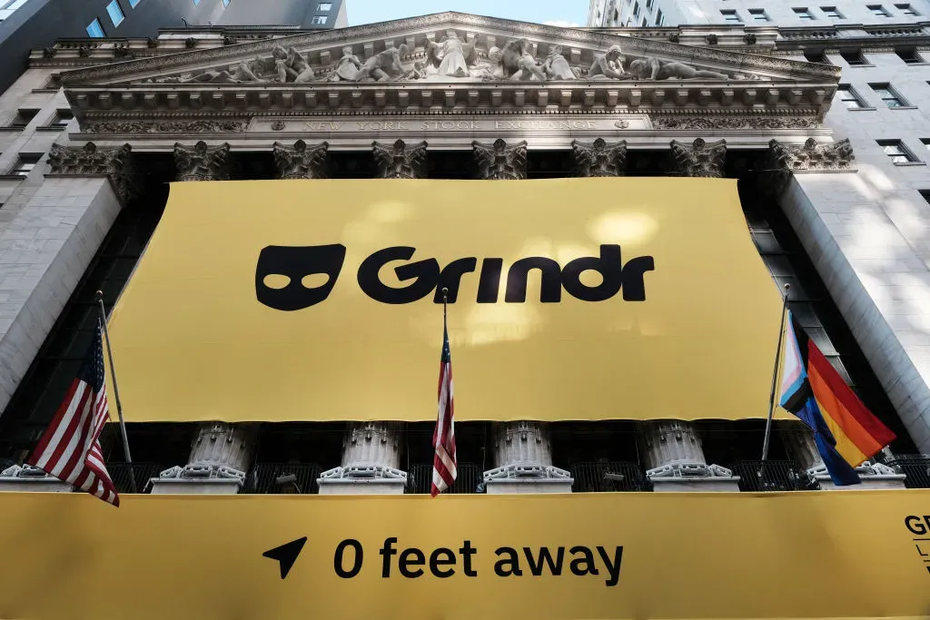  The LGBTQ social networking platform Grindr displays its banner outside of the New York Stock Exchange (NYSE).