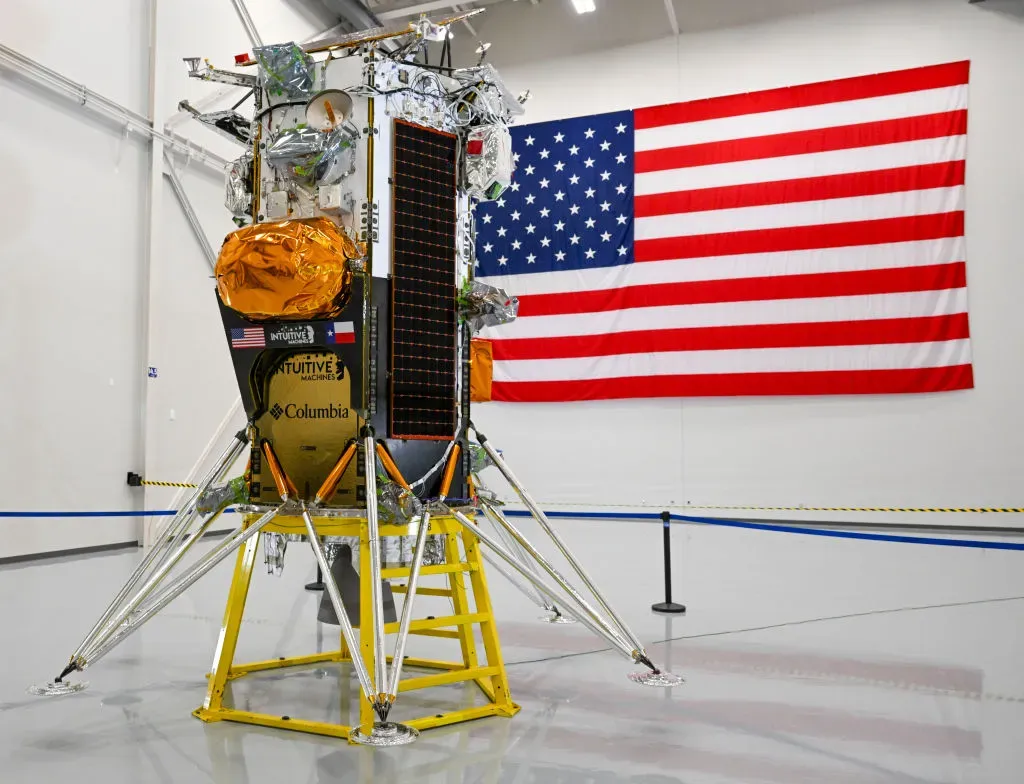 The Intuitive Machines IM-1 Lunar Lander, Nova-C, is on display before it is shipped to Cape Canaveral, Florida.