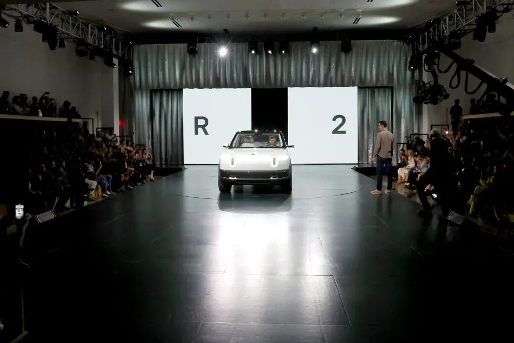 The Rivian R2 SUV is displayed during the Rivian Reveals All-Electric R2 Midsize SUV event.