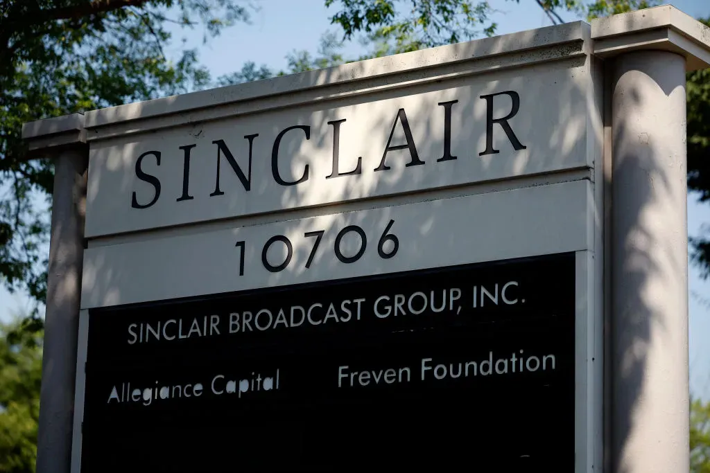The sign for Sinclair Broadcast Group, Inc. is seen near their headquarters on July 17, 2024 in Cockeysville, Maryland.