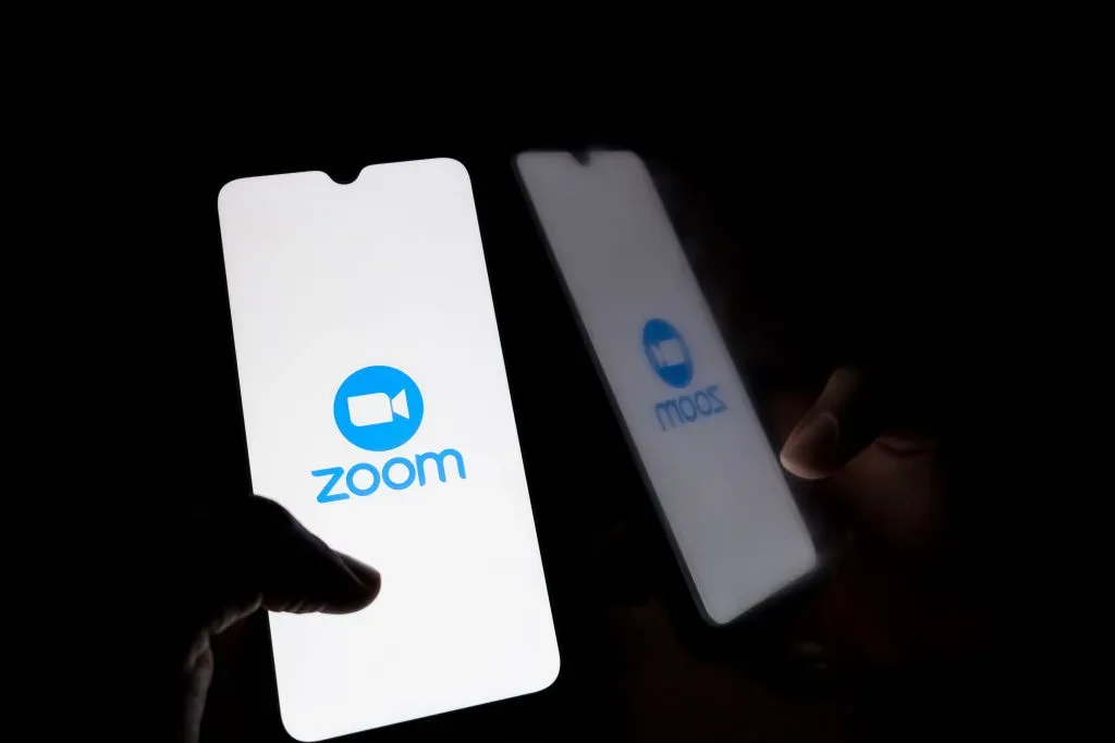 The Zoom logo displays on a smartphone screen in Athens, Greece, on September 23, 2024.