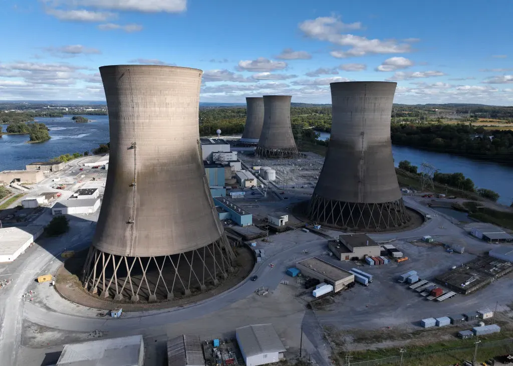 In this aerial view, the shuttered Three Mile Island nuclear power plant stands in the middle of the Susquehanna River.