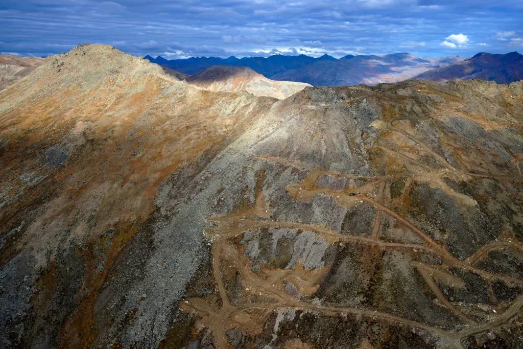 A road zigzags across the landscape near exploratory drilling sites at Ambler Metal's Arctic deposit area.