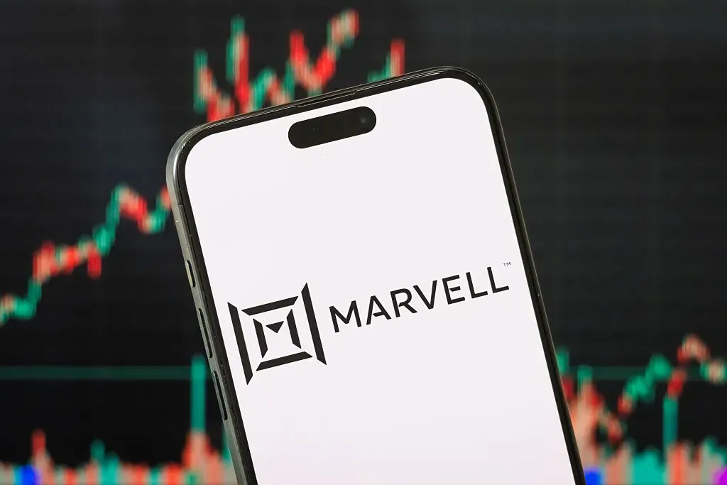 In this photo illustration, the logo of Marvell Technology, Inc. is displayed on a smartphone screen.