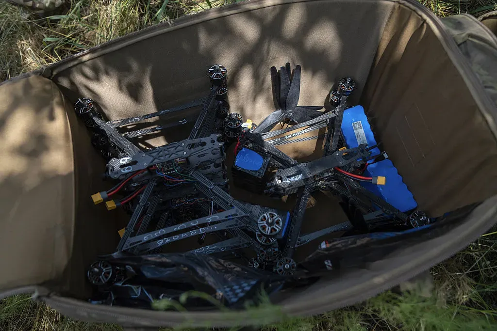 Soldiers from a fiber-optic drone unit of the 93rd Brigade test the drones before going to the front lines in Donetsk Oblast, Ukraine.