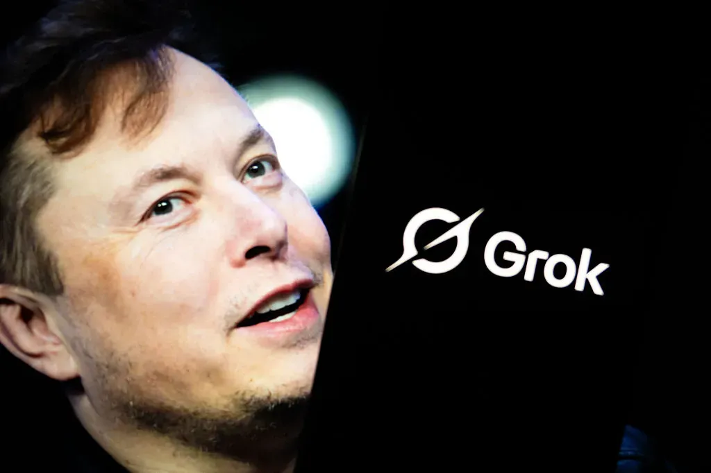 In this photo illustration, 'Grok' logo is seen displayed on a mobile phone screen in front of a picture of Elon Musk in Ankara, Turkiye on July 17, 2025.