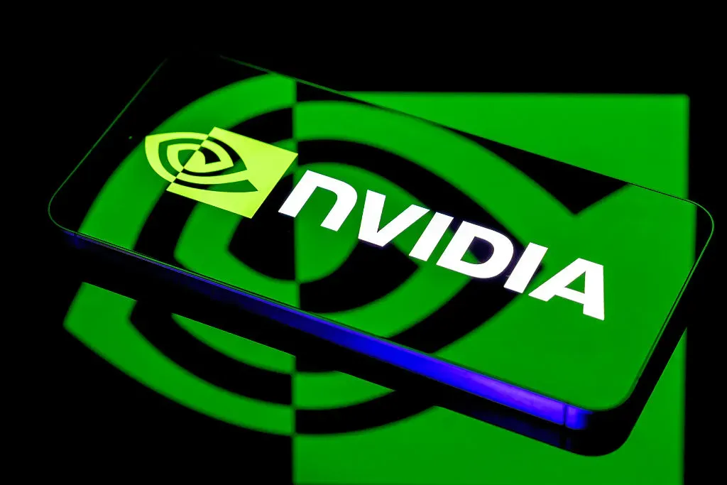 The NVIDIA logo is displayed on a mobile phone in this photo illustration in Brussels, Belgium, on August 17, 2025.