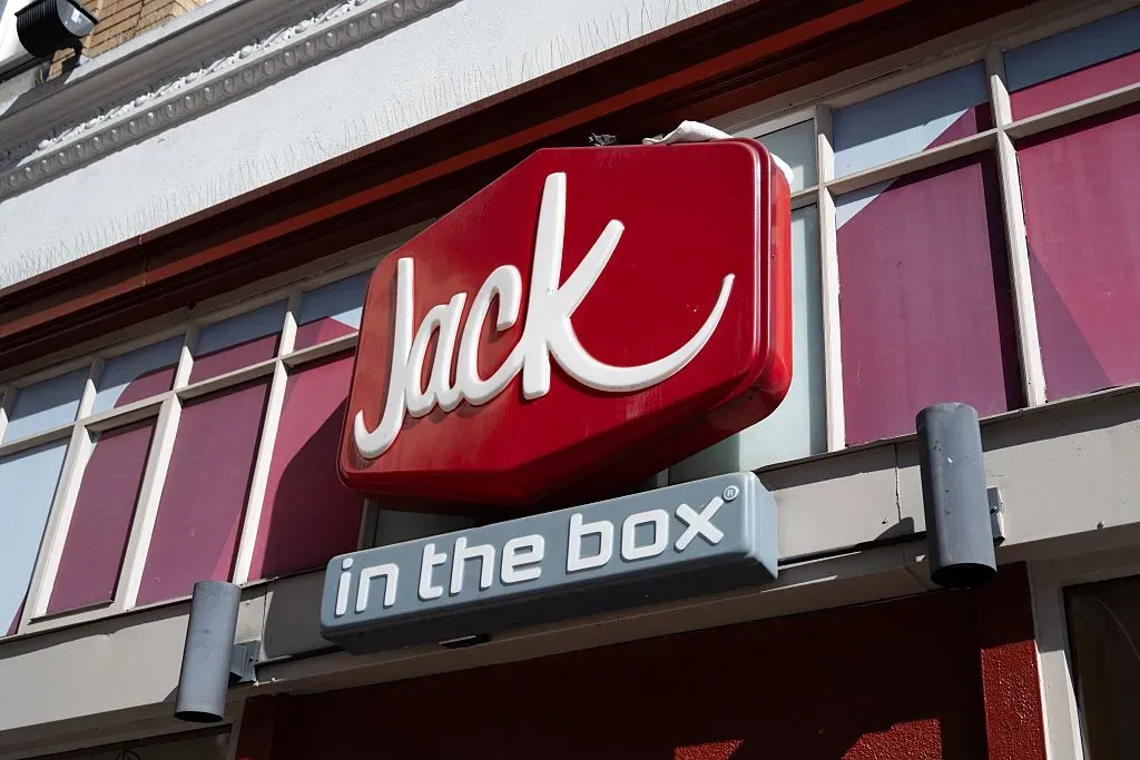 Jack in the Box fast food restaurant sign on storefront facade, San Francisco, California.