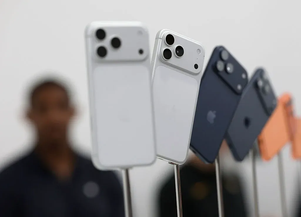 New Apple iPhone 17 Pros are displayed during an Apple special event at Apple headquarters.