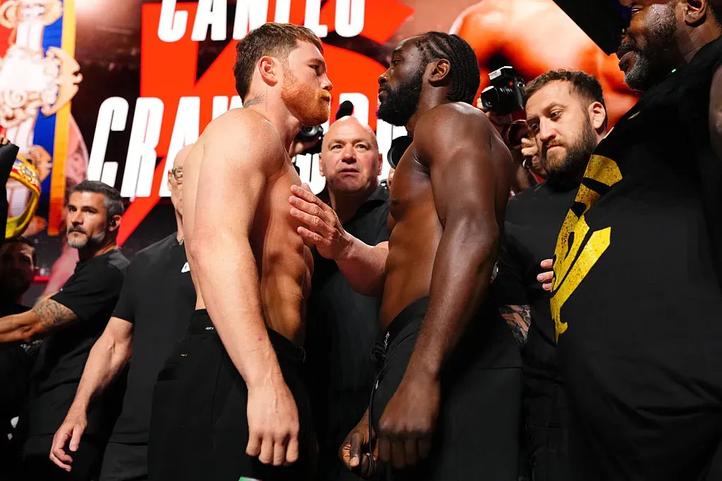 Opponents Canelo Alvarez and Terence Crawford face off during the Canelo v Crawford ceremonial weigh-in at T-Mobile Arena on September 12, 2025 in Las Vegas, Nevada.