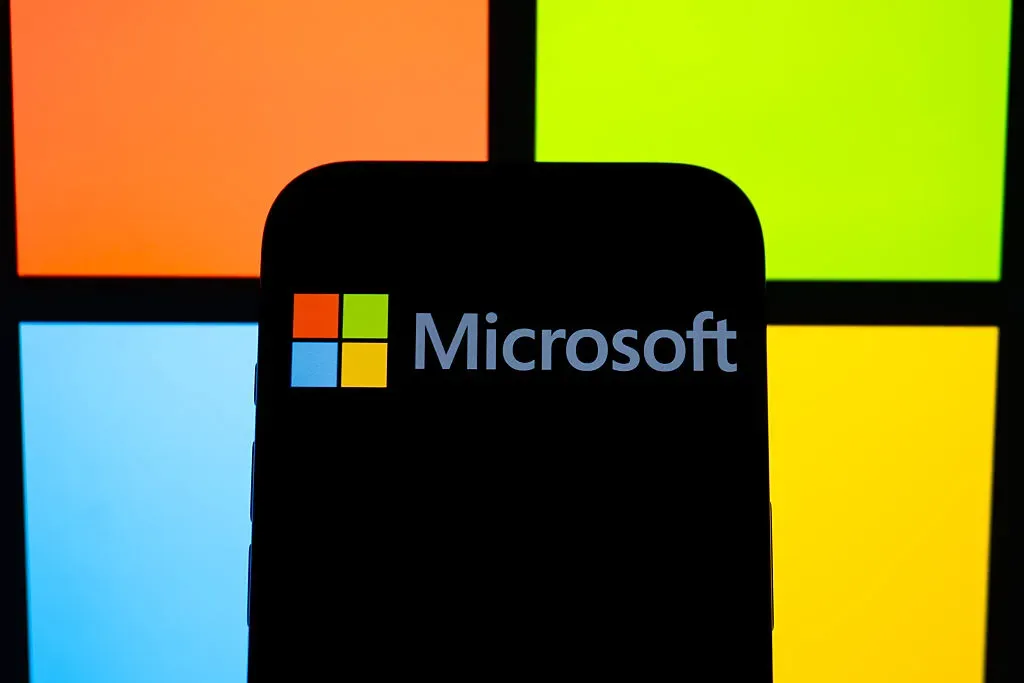 In this photo illustration the Microsoft logo is displayed on a mobile phone screen in Ankara, Turkiye on October 11, 2025.