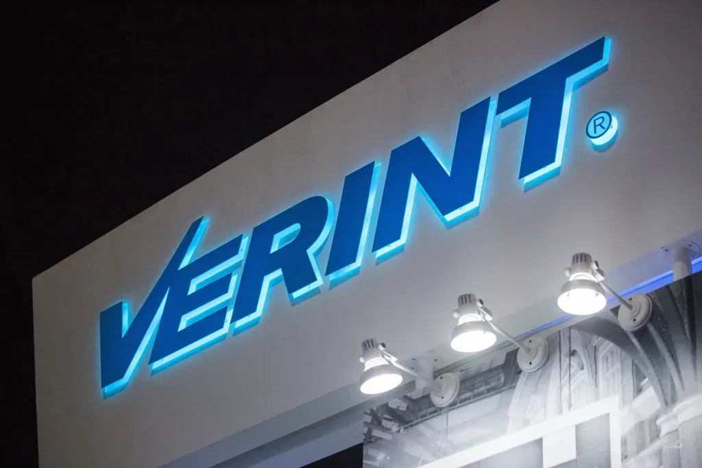  The Verint logo from the New York-based analytics company seen at the Defense & Security Fair.
