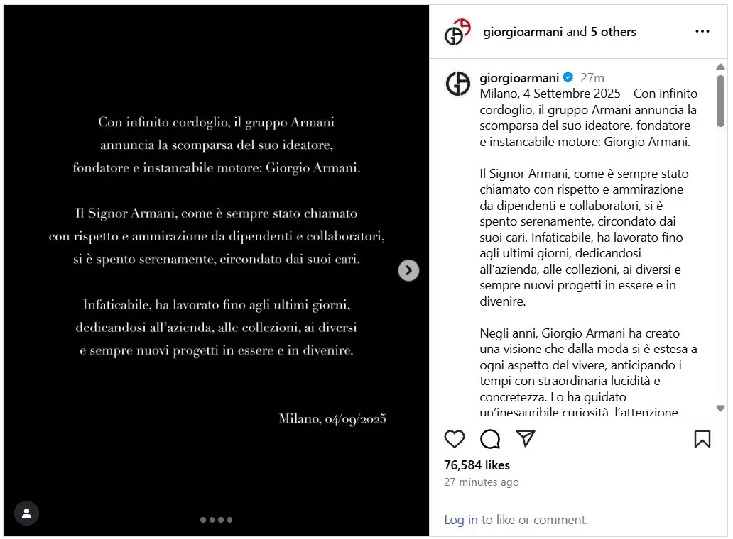 Giorgio Armani's post on Instagram