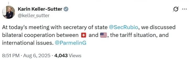 Swiss President Karin Keller-Sutter's post on X