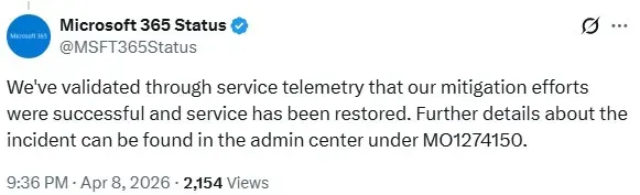 Microsoft 365 Status post on X