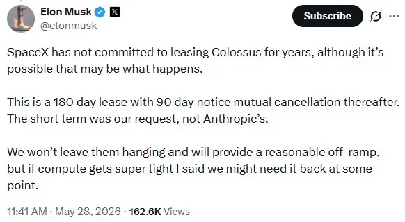 Elon Musk's post on X