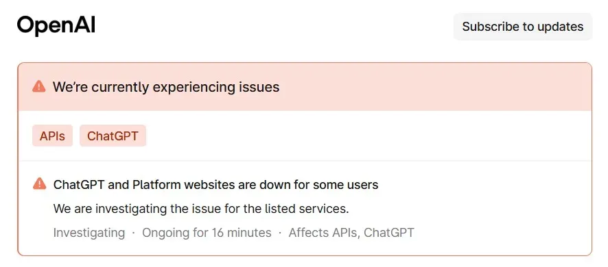 OpenAI's ChatGPT status page