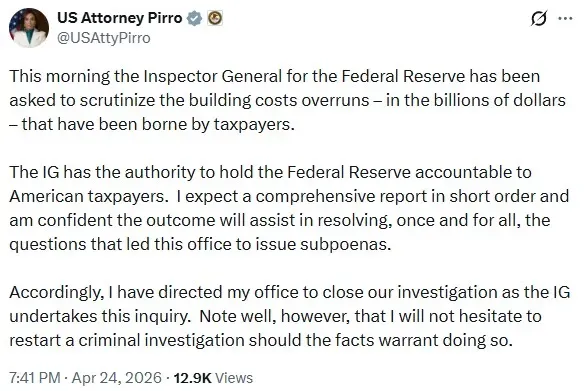 US Attorney Pirro's post on X
