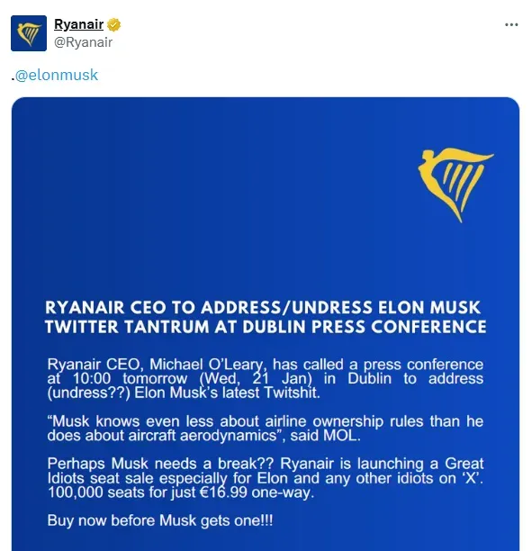 The airline said that it is launching a “Great Idiots seat sale especially for Elon and any other idiots on X.”