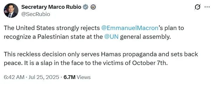 U.S. Secretary of State Marco Rubio's post on X