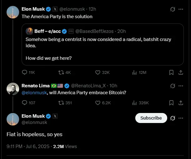 Elon Musk’s ‘America Party’ To Accept Bitcoin – Tesla CEO Says ‘Fiat Is