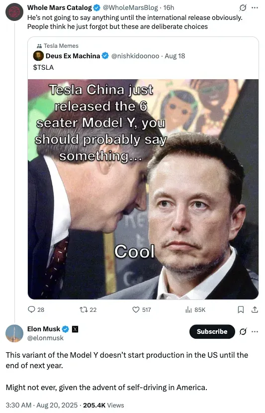 Screenshot of Elon Musk's X post