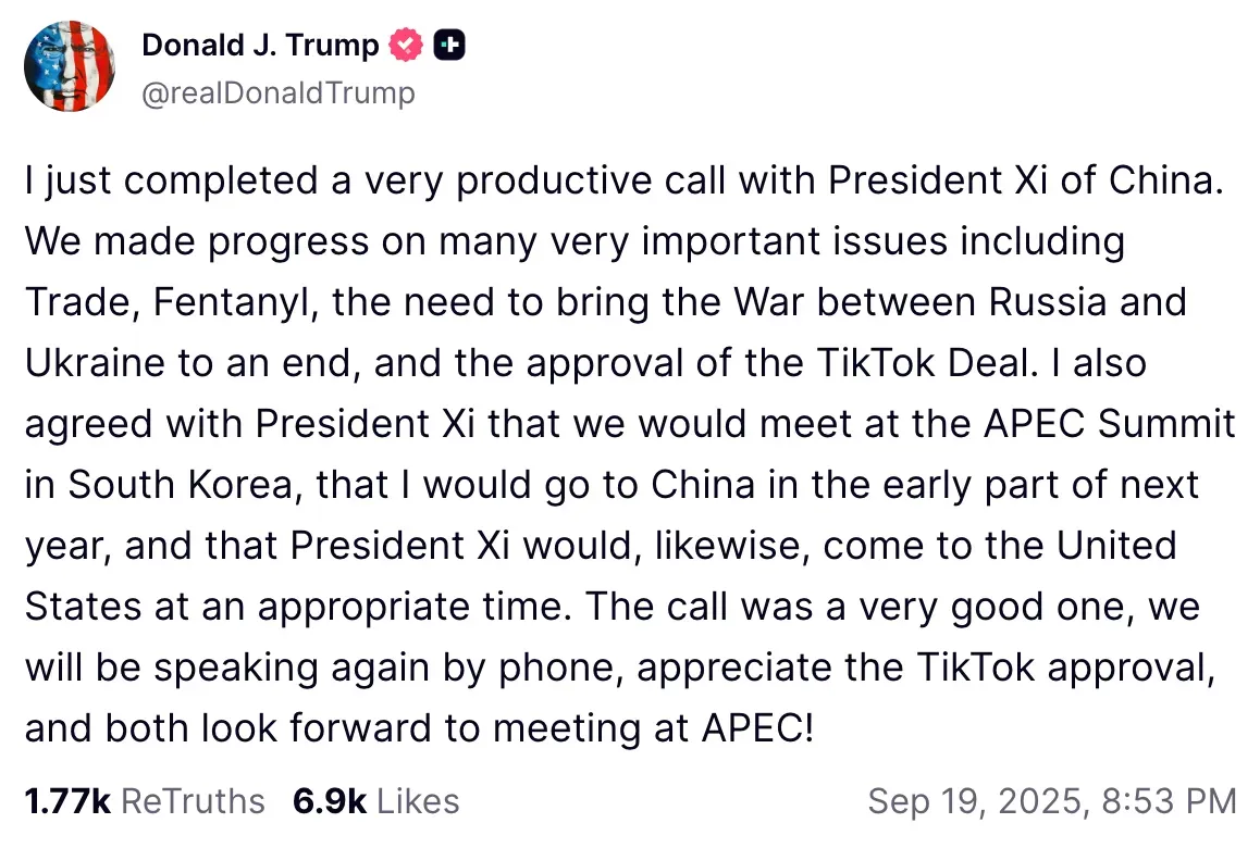President Donald Trump's post on Truth Social