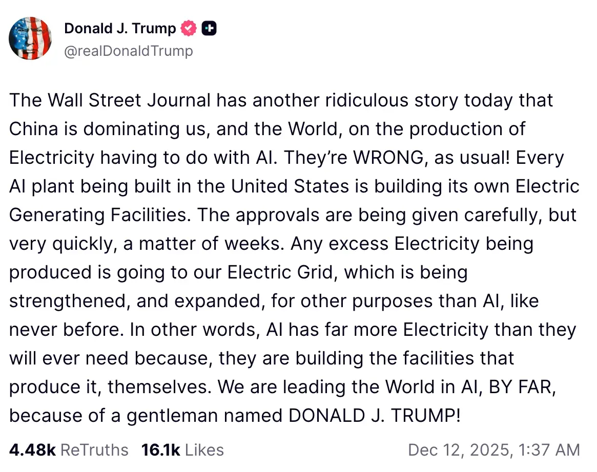 Trump's post on Truth Social About AI On Thursday.