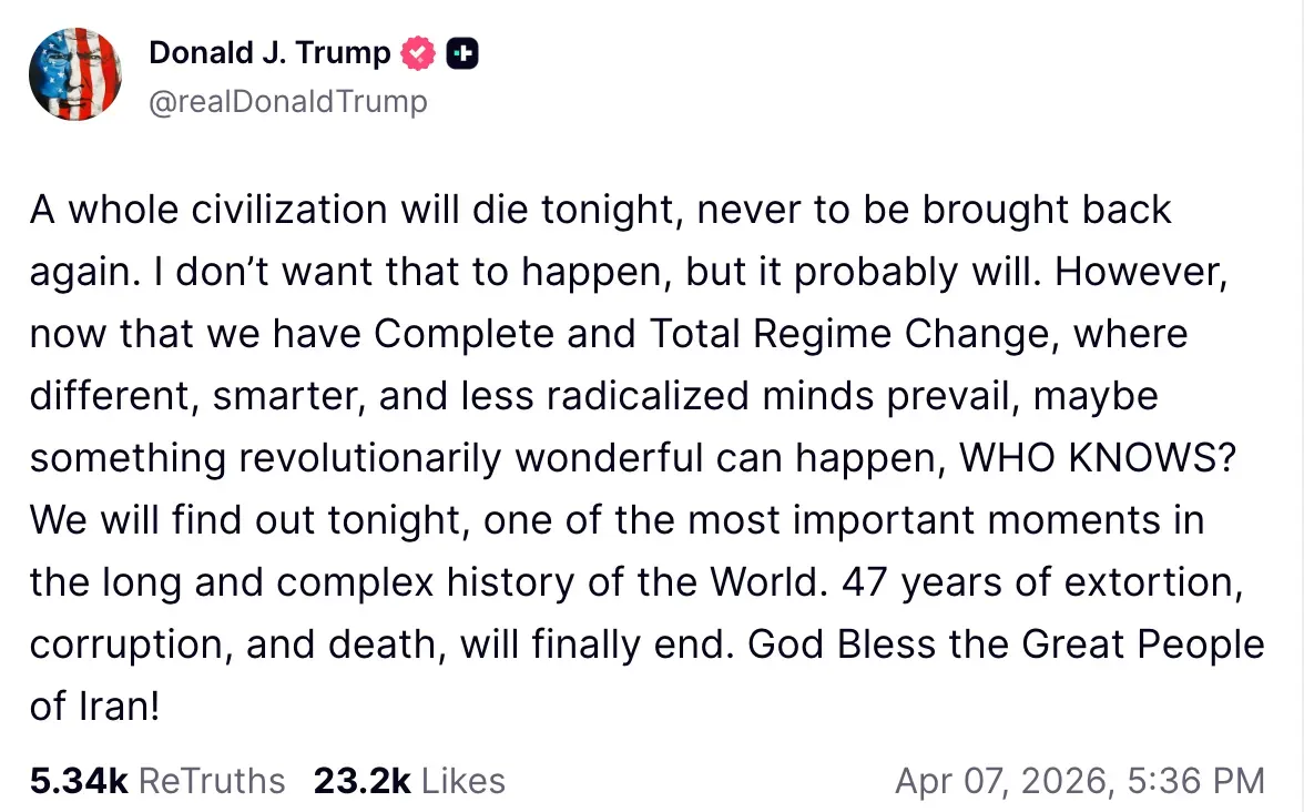 President Donald Trump's post on Truth Social