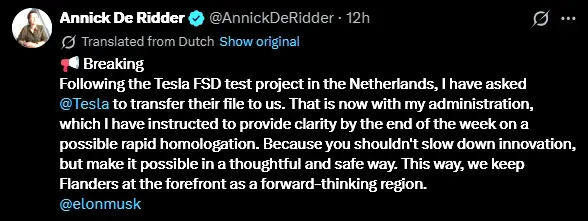 Screenshot of Ridder's X post
