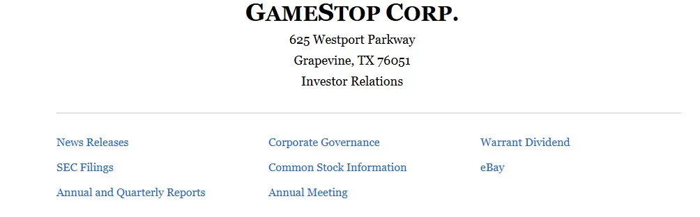 Screenshot of GME investor relations page with eBay included in it.
