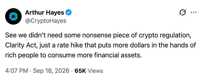 Arthur Hayes Says Crypto Didn’t Need ‘Nonsense’ Regulation Just A Rate Hike