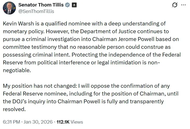 Senator Thom Tillis' post on X