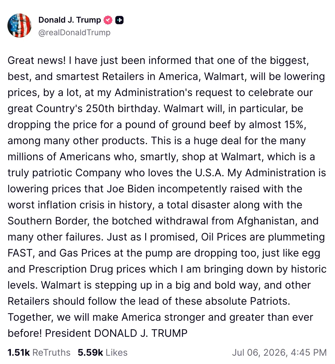 Donald Trump’s post on Truth Social announcing Walmart’s price cuts.