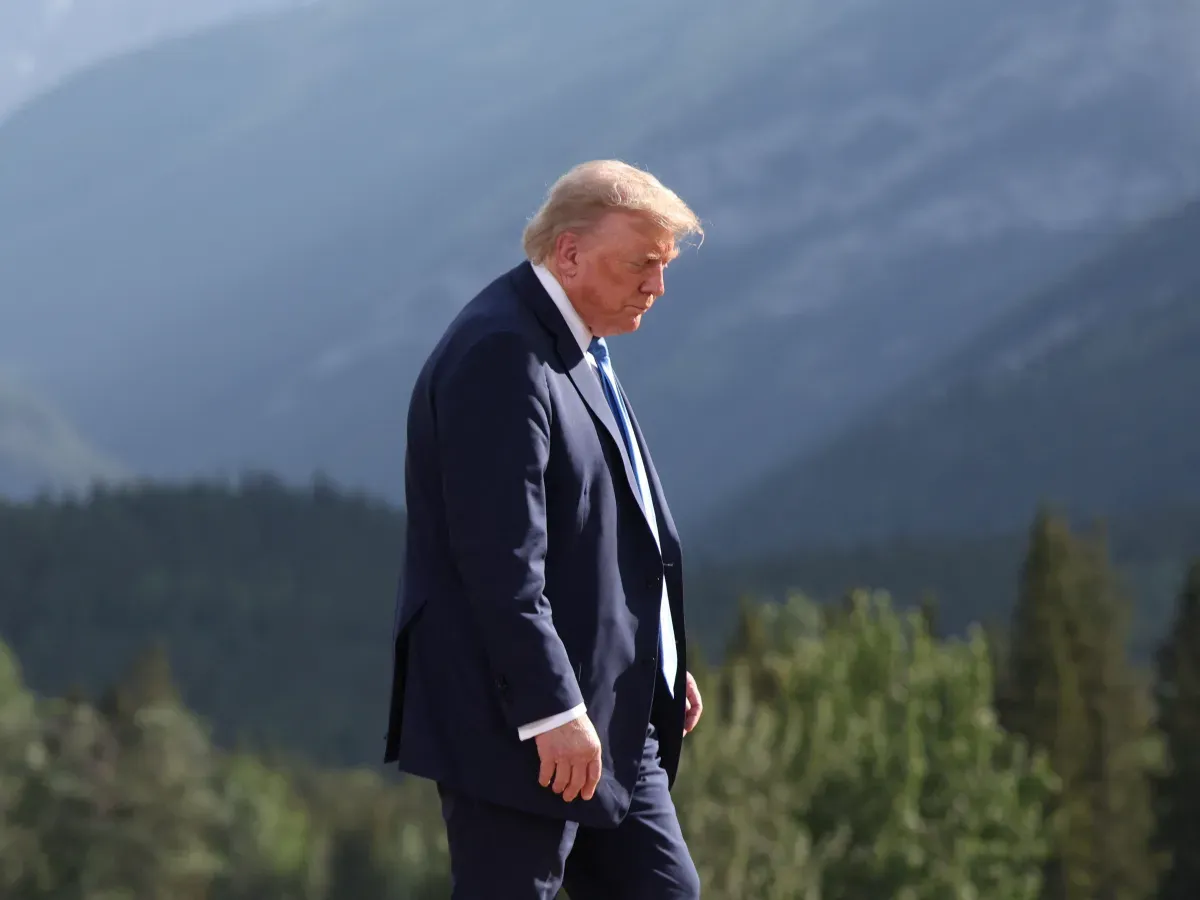U.S. President Donald Trump departs following a group photo in front of the Canadian Rockies at the Kananaskis Country Golf Course during the G7 Leaders' Summit on June 16, 2025 in Kananaskis, Alberta.