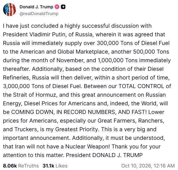 Donald Trump's post on Truth Social