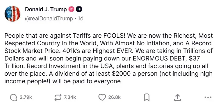 President Donald Trump's post on Truth Social