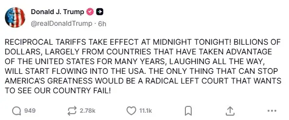 President Donald Trump's post on Truth Social