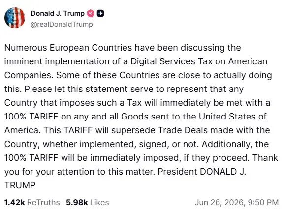 President Donald Trump's post on Truth Social