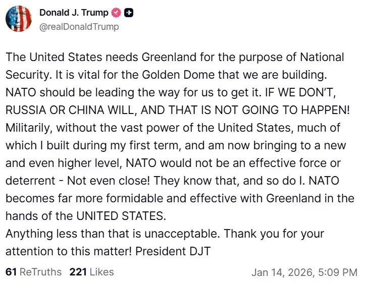 President Donald Trump's post on Truth Social