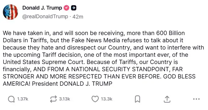 President Donald Trump's post on Truth Social