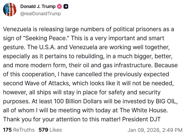 President Donald Trump's post on Truth Social