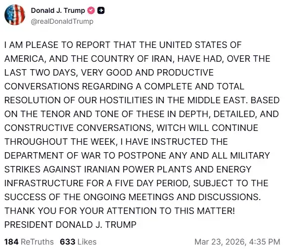 President Donald Trump's post on Truth Social