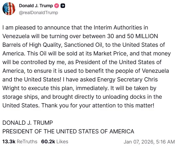 President Donald Trump's post on Truth Social