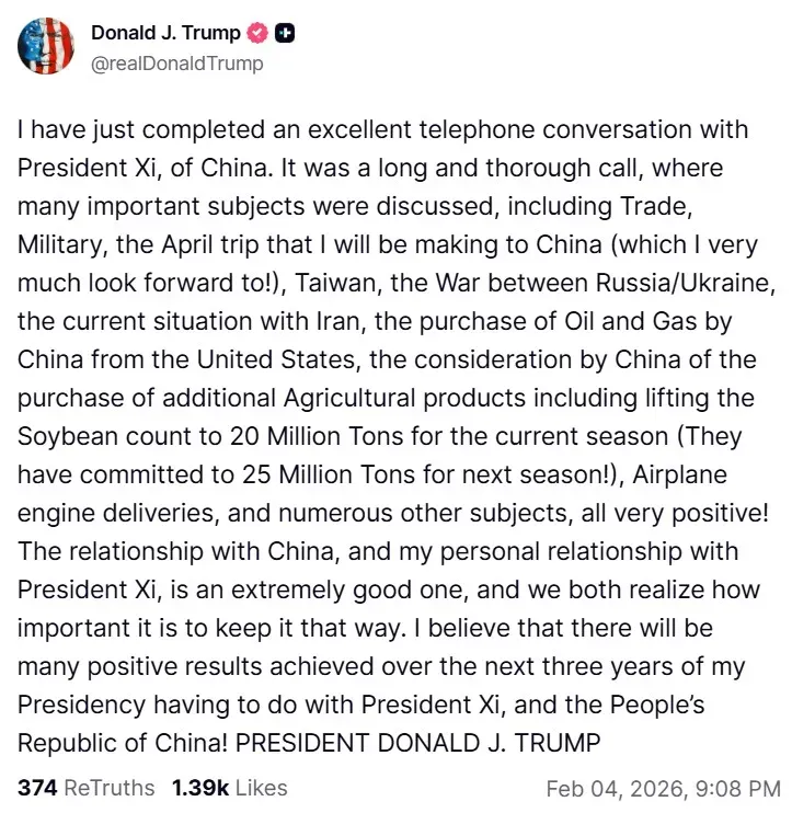 President Donald Trump's post on Truth Social