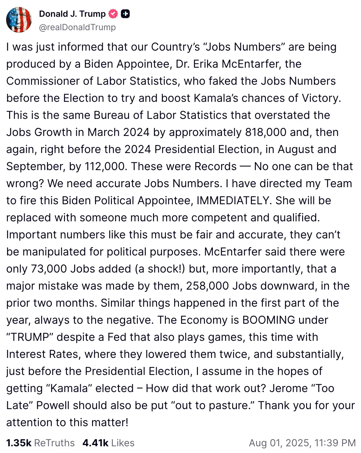 President Donald Trump's post on Truth Social